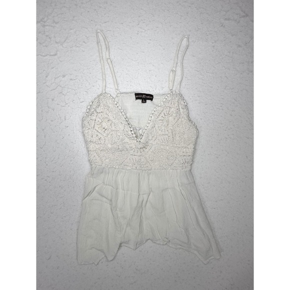 Almost Famous Tops - Almost Famous White Crochet Lace Boho Cami Top Sharkbite Hem Smocked Back Large